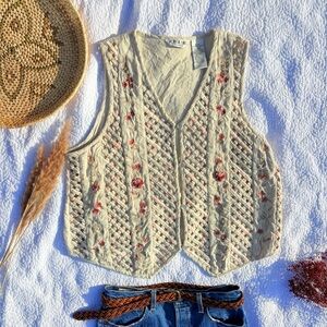 Victoria Jones Embroidered Lattice Vest Beaded Floral Boho Cottagecore Size 18W